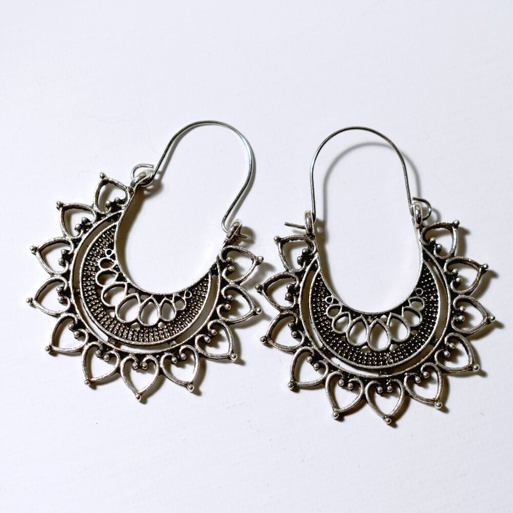 Huge silver metal mandala design dangle earrings